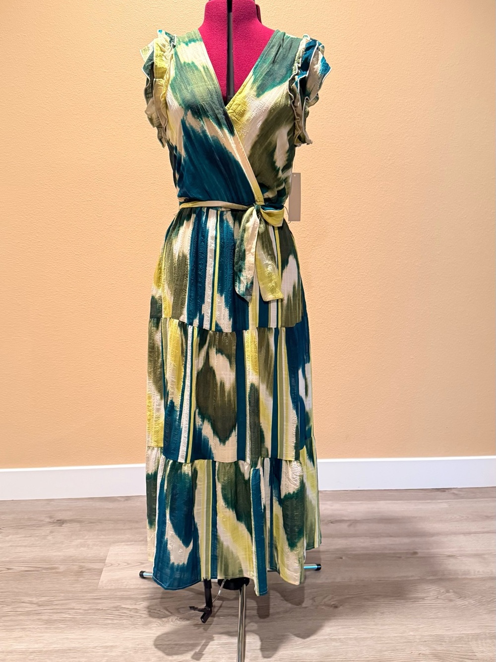 Wrap-Front Tiered Maxi Dress in Teal, Olive & Yellow